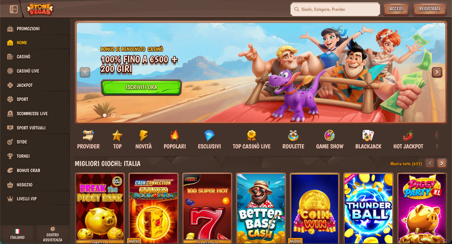 Screenshot della homepage di StoneVegas